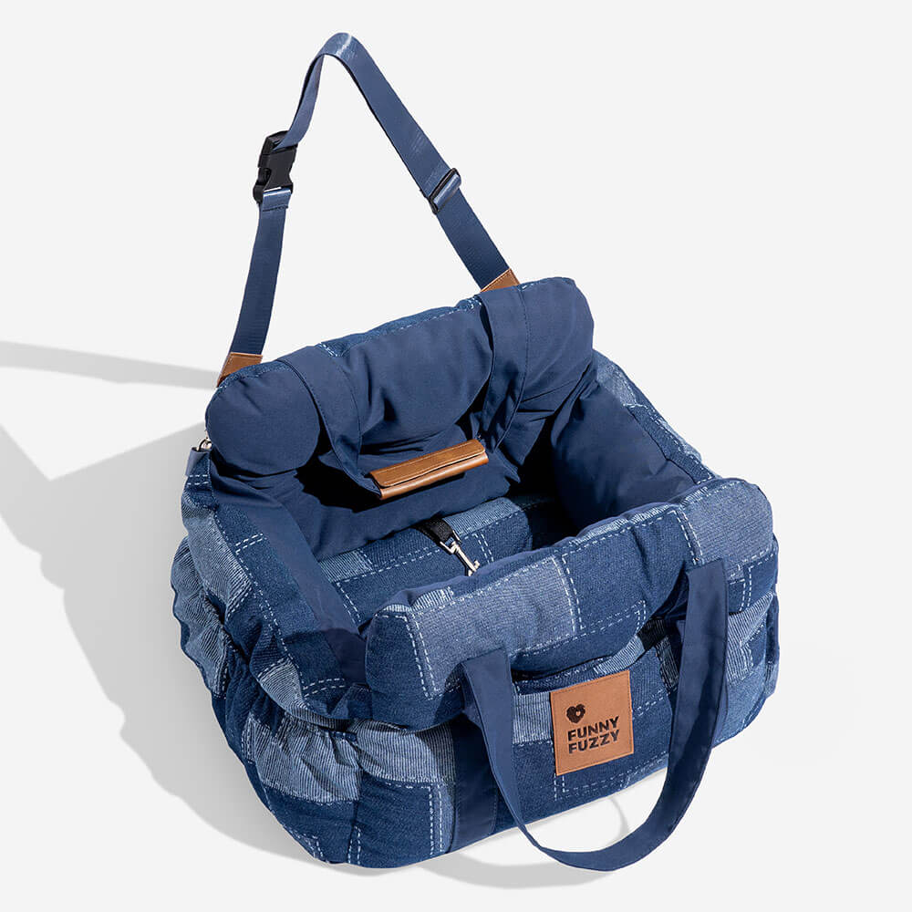 Seggiolino auto per cani con patchwork in denim vintage, supporto di sicurezza da viaggio