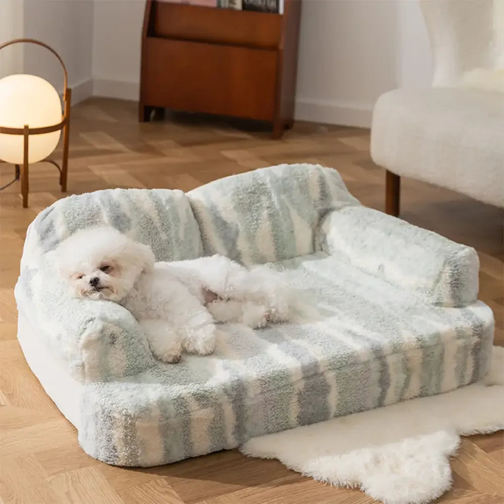 Letto per cani in pelliccia sintetica effetto lupo, morbido e con protezione per la schiena, tessuto tie-dye