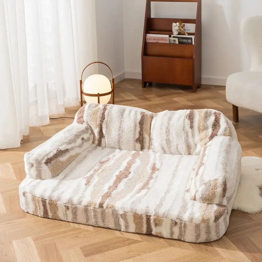 Letto per cani in pelliccia sintetica effetto lupo, morbido e con protezione per la schiena, tessuto tie-dye
