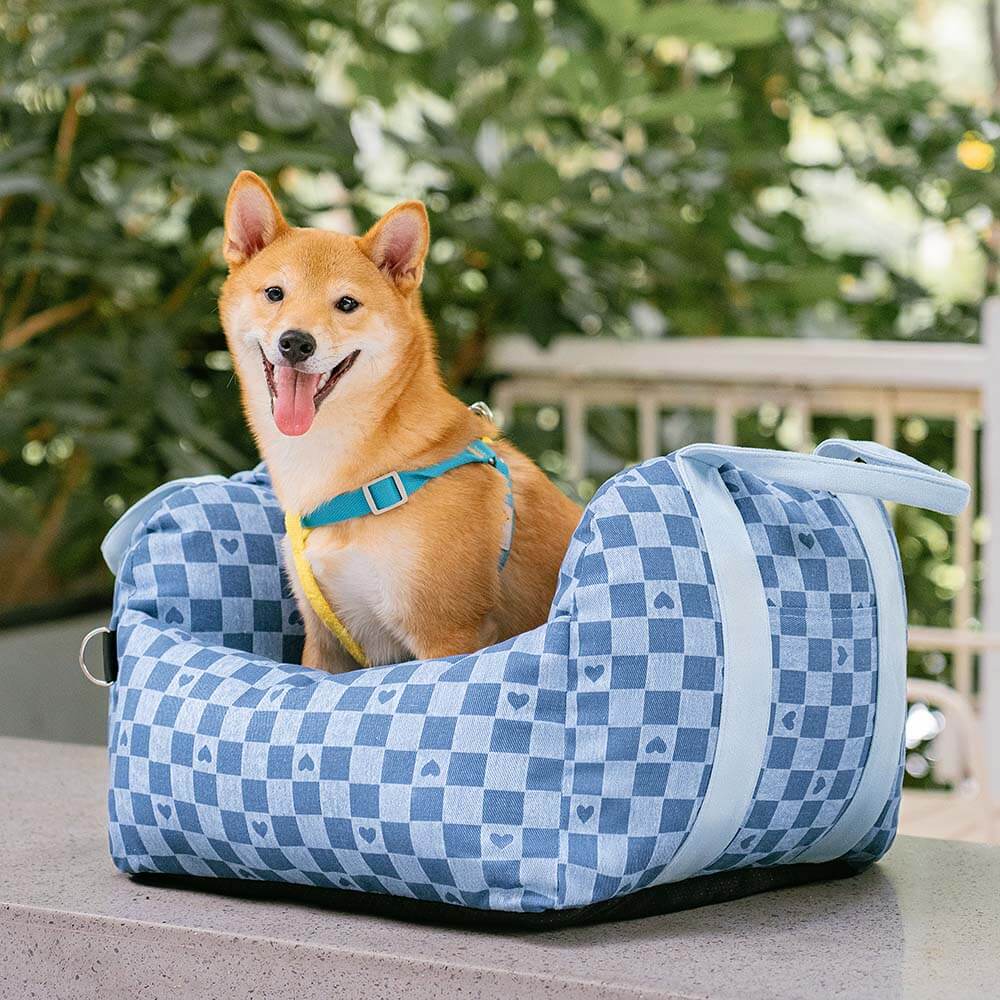 Cama para asiento de coche para perro con diseño de tablero de ajedrez y corazón vintage