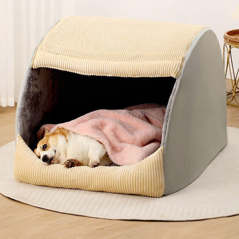 Letto per cani grande in flanella caldo, rimovibile e semi-chiuso.