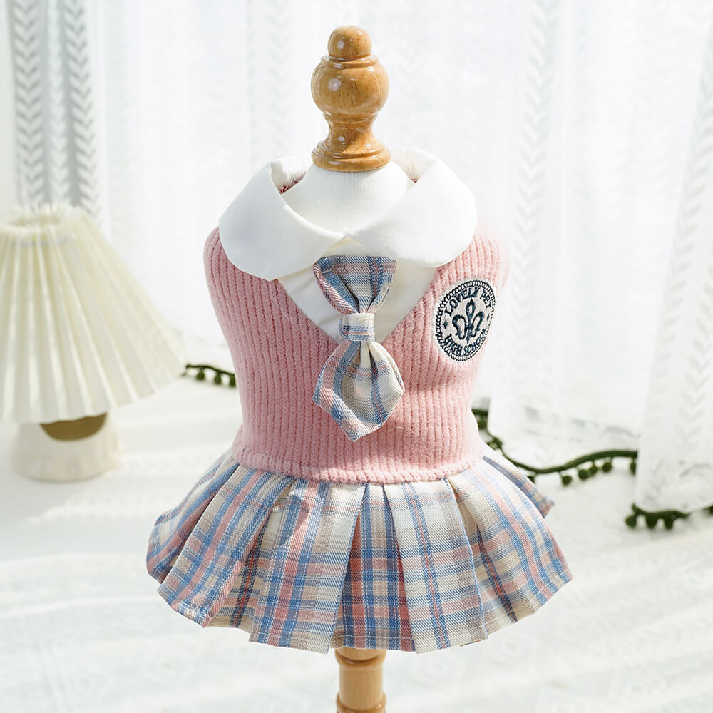 Plaid Schoolgirl Dog Dress with Collar and Tie