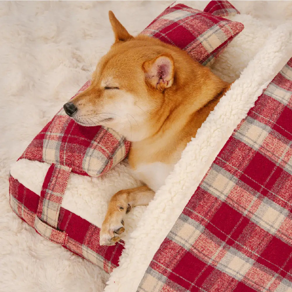Letto ortopedico per cani staccabile in peluche a quadri vintage con cuscino - Puppy Snug