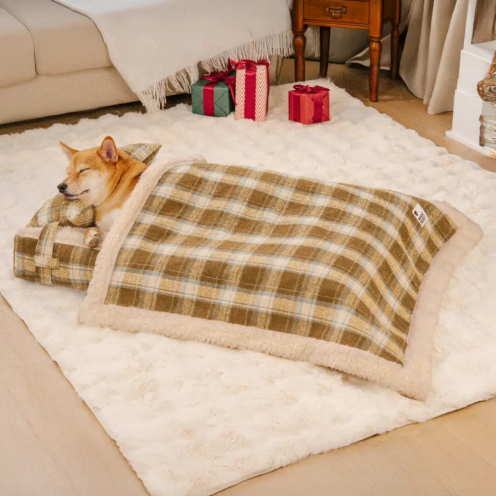 Letto ortopedico per cani staccabile in peluche a quadri vintage con cuscino - Puppy Snug