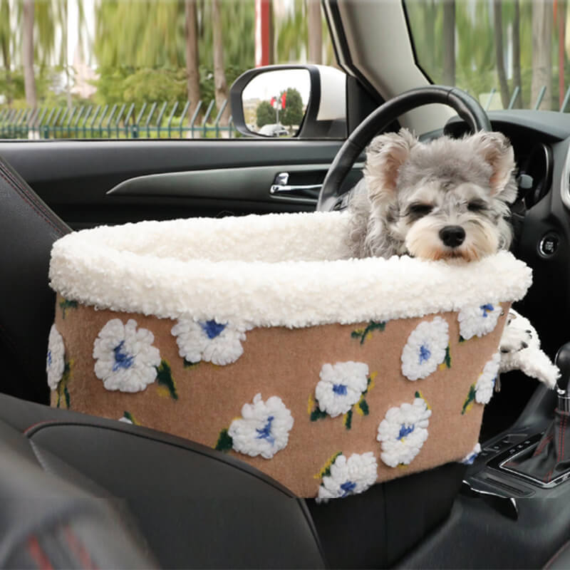 Sedile per auto sicuro per cani in pile di lana con console centrale per animali domestici.