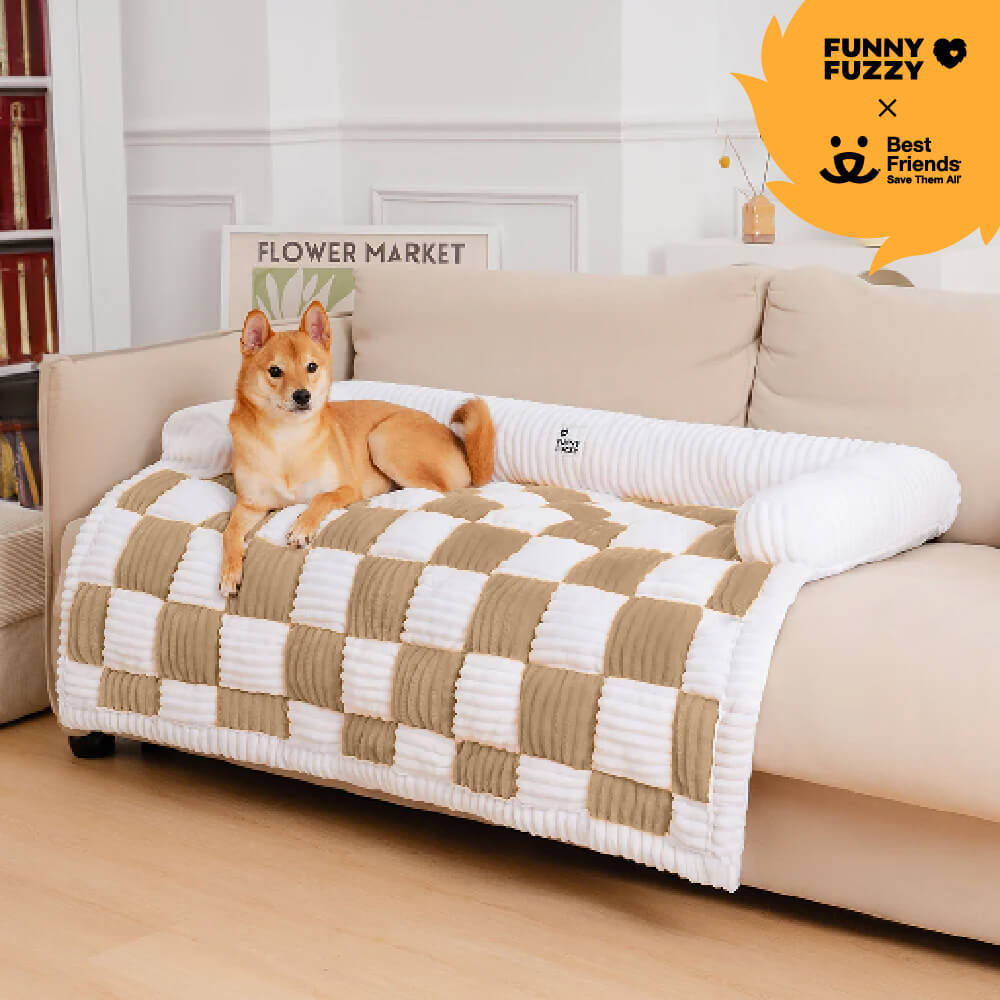 Cream Square Plaid Cozy Dog Mat Furniture Protector Cover