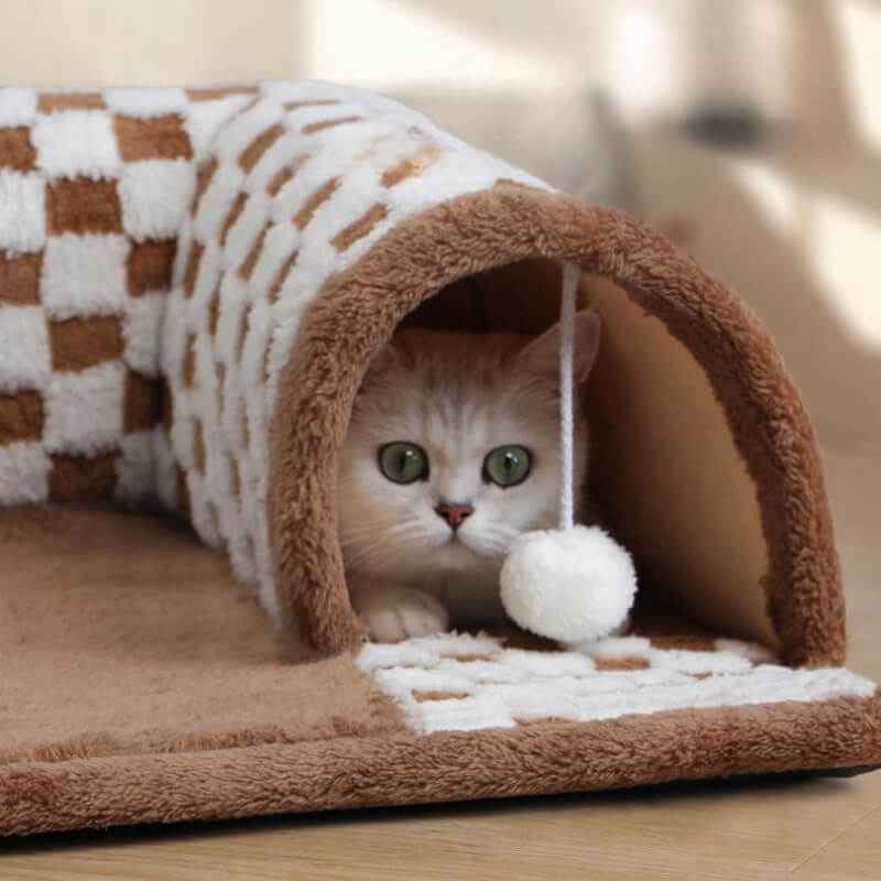 Lit tunnel pour chat à carreaux en peluche drôle 2 en 1