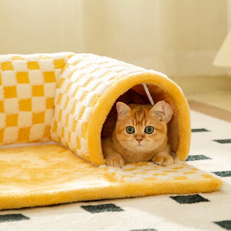 Letto a tunnel per gatti a quadri scozzesi in peluche divertente 2 in 1