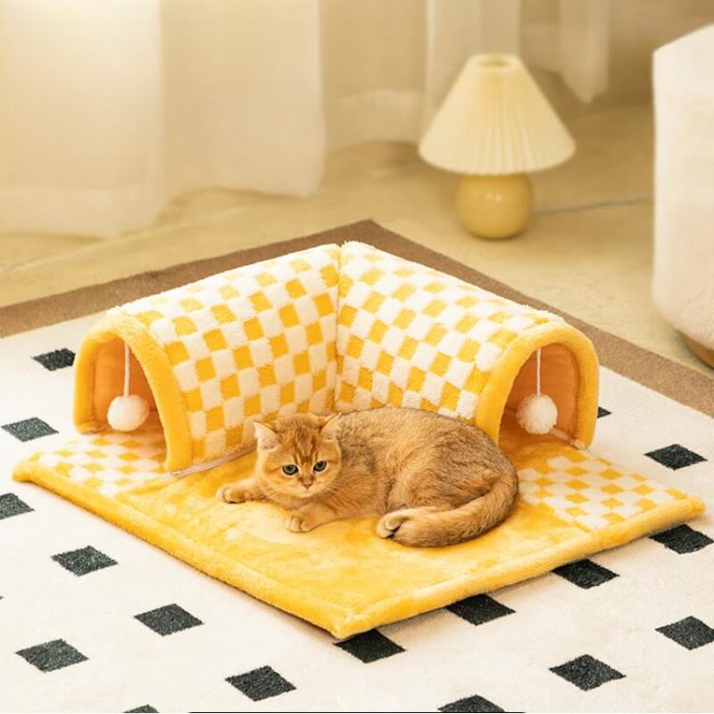 Letto a tunnel per gatti a quadri scozzesi in peluche divertente 2 in 1