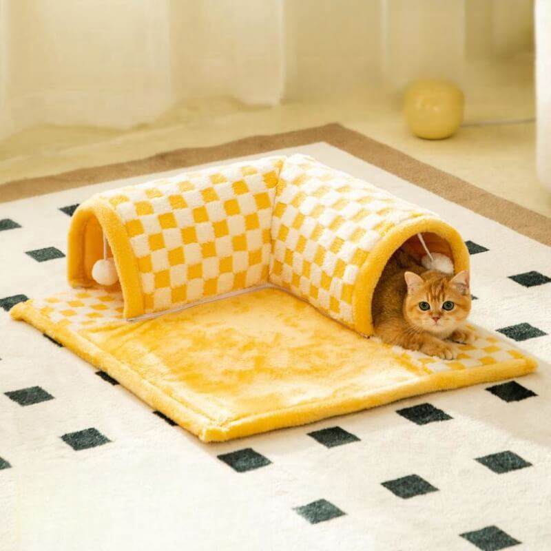 Tunnel per gatti a tunnel 2 in 1 in peluche divertente a quadri.