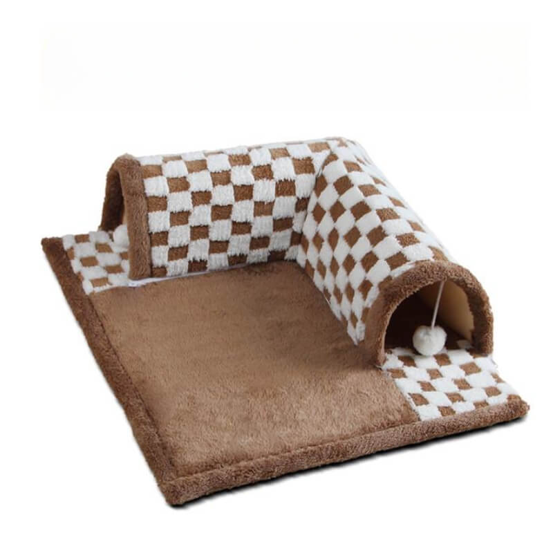 2-in-1 Funny Plush Plaid Checkered Cat Tunnel  Bed