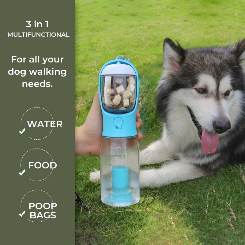 Bottiglia d'acqua portatile multifunzionale 3 in 1 per passeggiate con cane