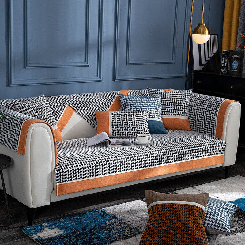 Copridivano in chenille antiscivolo con motivo houndstooth classico