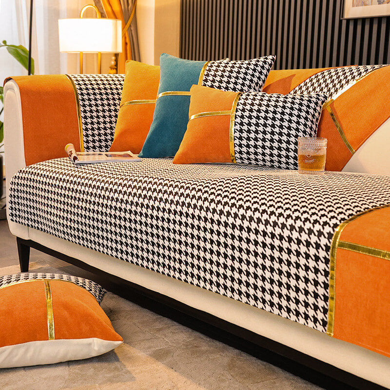 Copridivano in chenille antiscivolo con motivo houndstooth classico