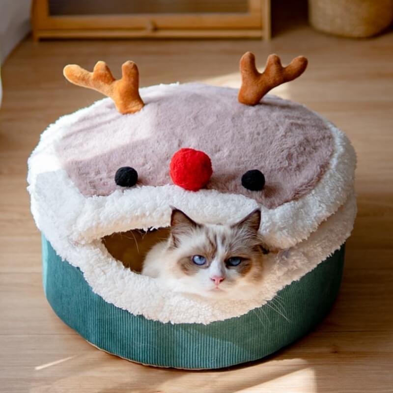 Grotta per gatti in peluche chiusa con alce di Natale