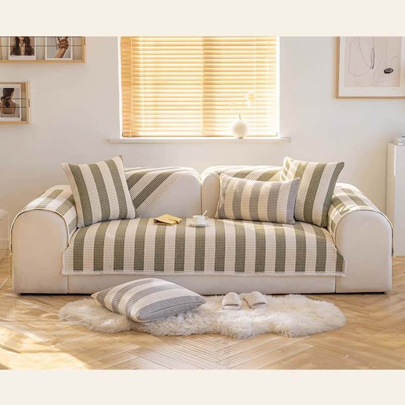 Housse de protection pour meubles anti-rayures en coton et lin à rayures