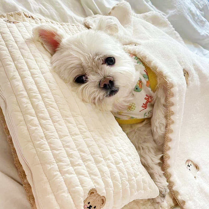 Accogliente set da letto trapuntato con cuscino per animali in cotone ricamato