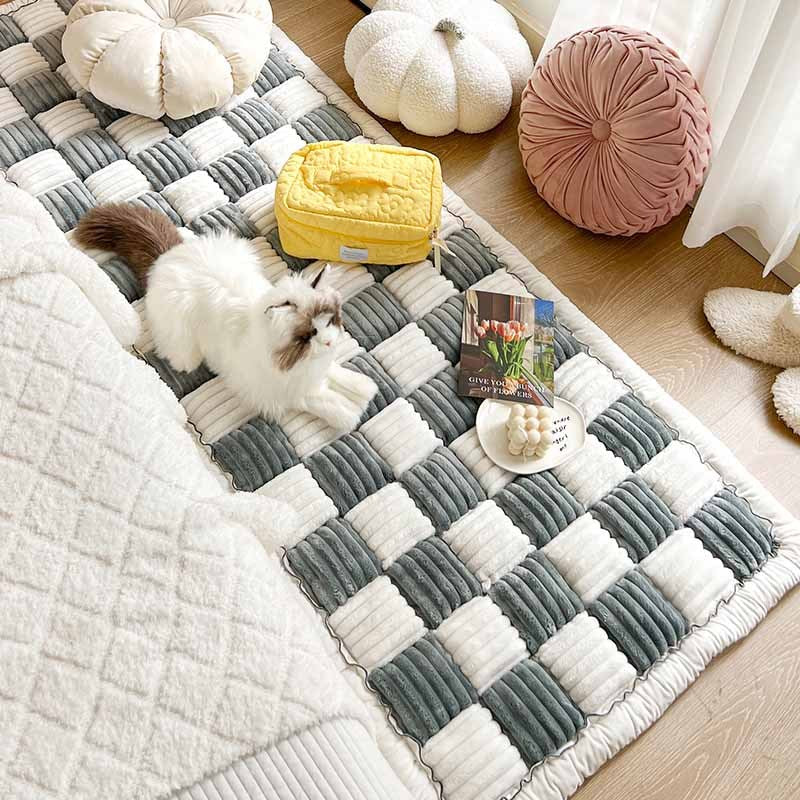 Coperta per cani in cotone peloso a forma quadrata a grandi quadri color crema