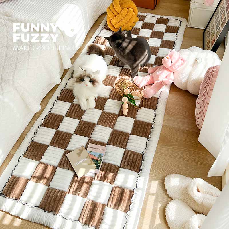 Coperta per cani in cotone peloso a forma quadrata a grandi quadri color crema