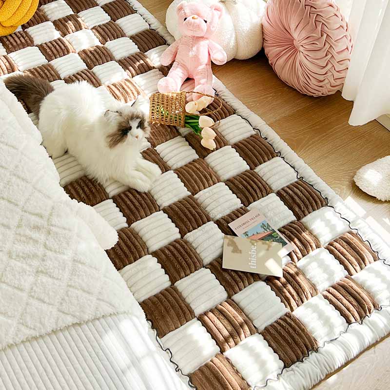 Coperta per cani in cotone peloso a forma quadrata a grandi quadri color crema