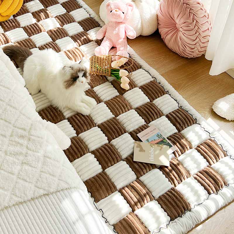 Copridivano per letto con tappetino per animali domestici fuzzy quadrato grande plaid color crema
