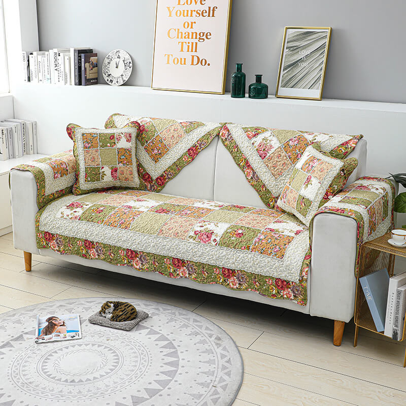 Copertura per divano in cotone a quadri floreale vintage