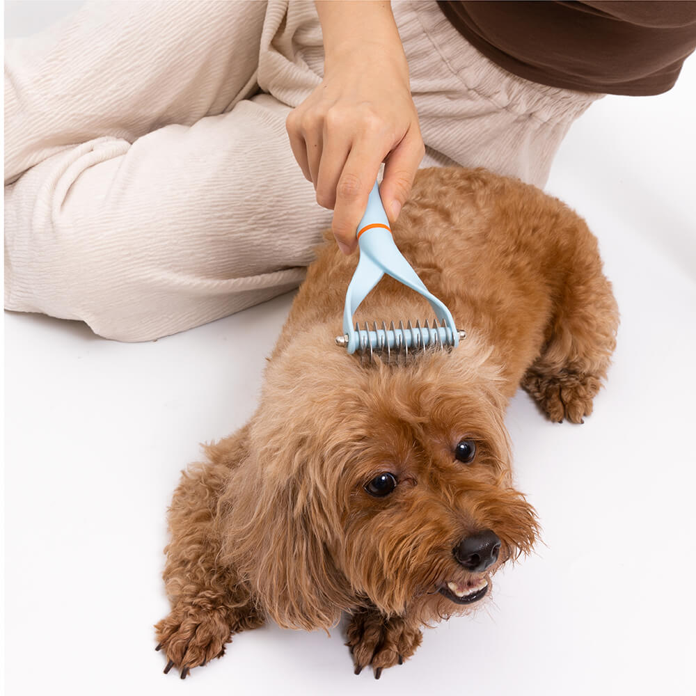 Rastrello per pettine smacchiatore sicuro per animali domestici con lame a doppia faccia a nastro